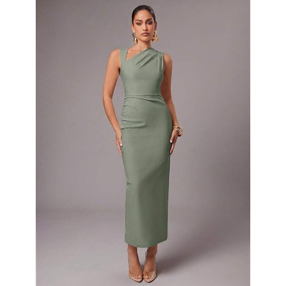 Mint Green Womens Elegant Asymmetric One-Shoulder Sleeveless Sheath Midi Dress