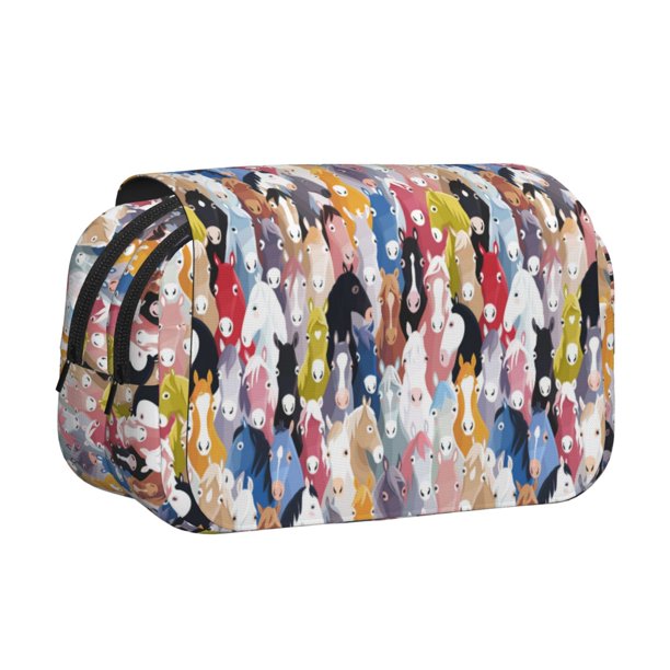 Disketp Colourful Horses Estuche de Lápices de Doble Capa con Tapa Abatible y Cremallera, Organizador Escolar para Adolescentes y Adultos