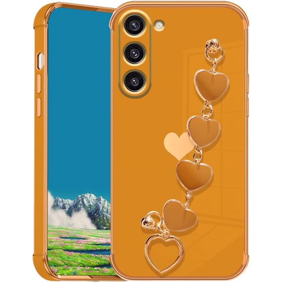 Compatible with Samsung Galaxy S23 Plus Case Silicone, Cute Love-Heart Case with Love Heart Chain, Ultra Slim Soft Samsung S23 Plus Phone Case Shockproof Bumper Protective Cases for Women (Orange)