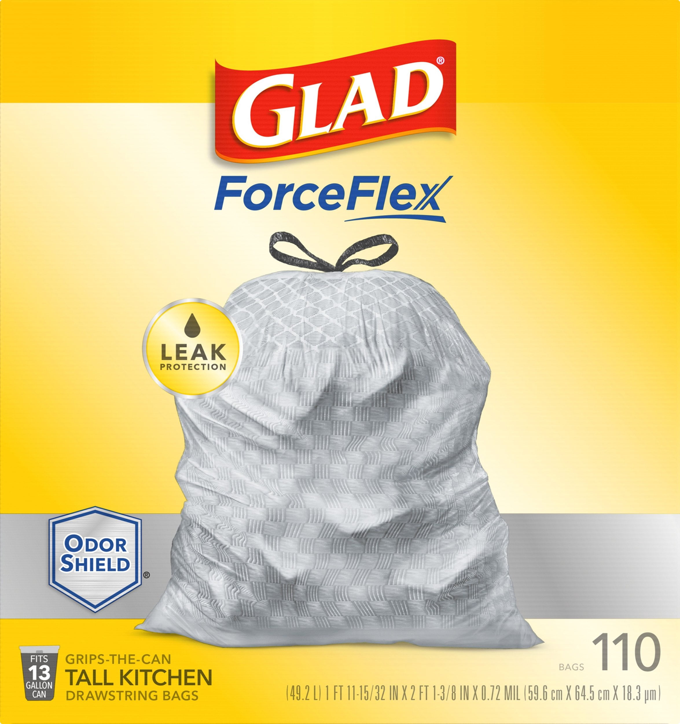Glad ForceFlex Drawstring Tall Kitchen Trash Bags, 13 Gallon, 110 Count