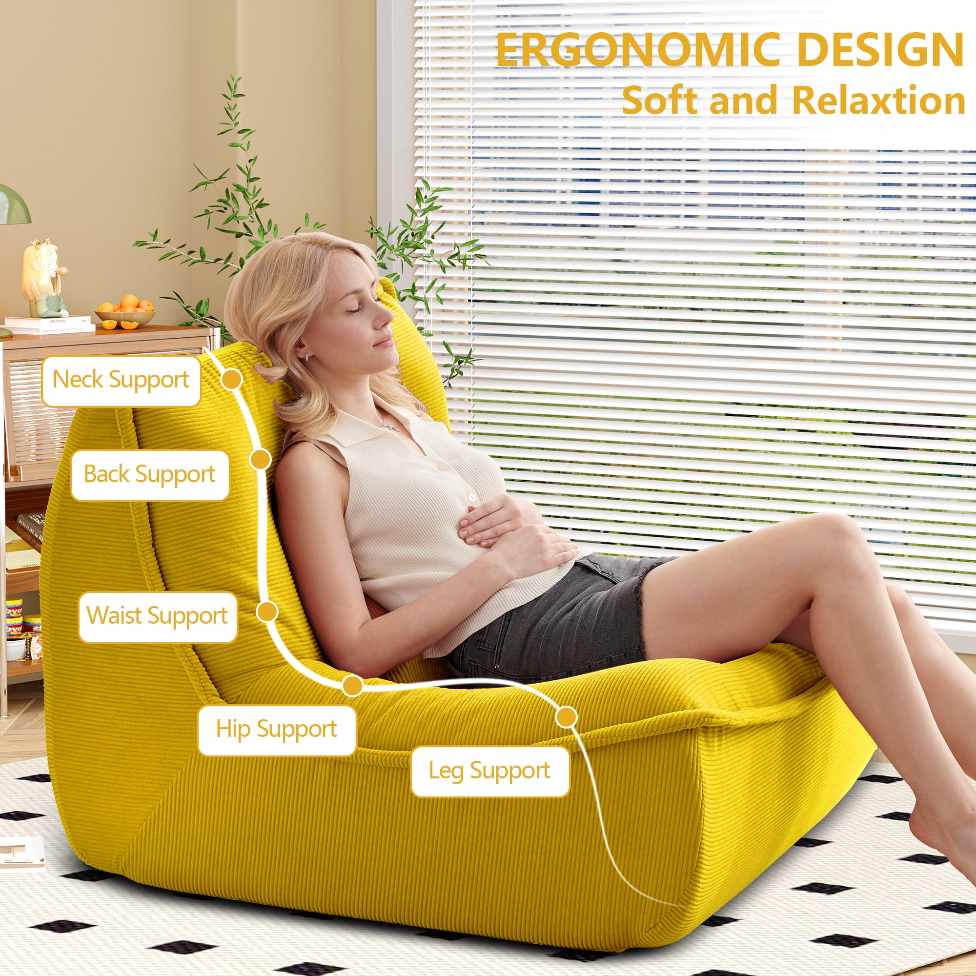 NBLDGT Bean Bag Chair for Adults, Single Lounge Chair with Lumbar Pillow, Comfy Floor Sofa with High-Resilience Foam, Lazy Accent Chair for Living Room, Bedroom, Apartment, Or Reading Corner, Yellow