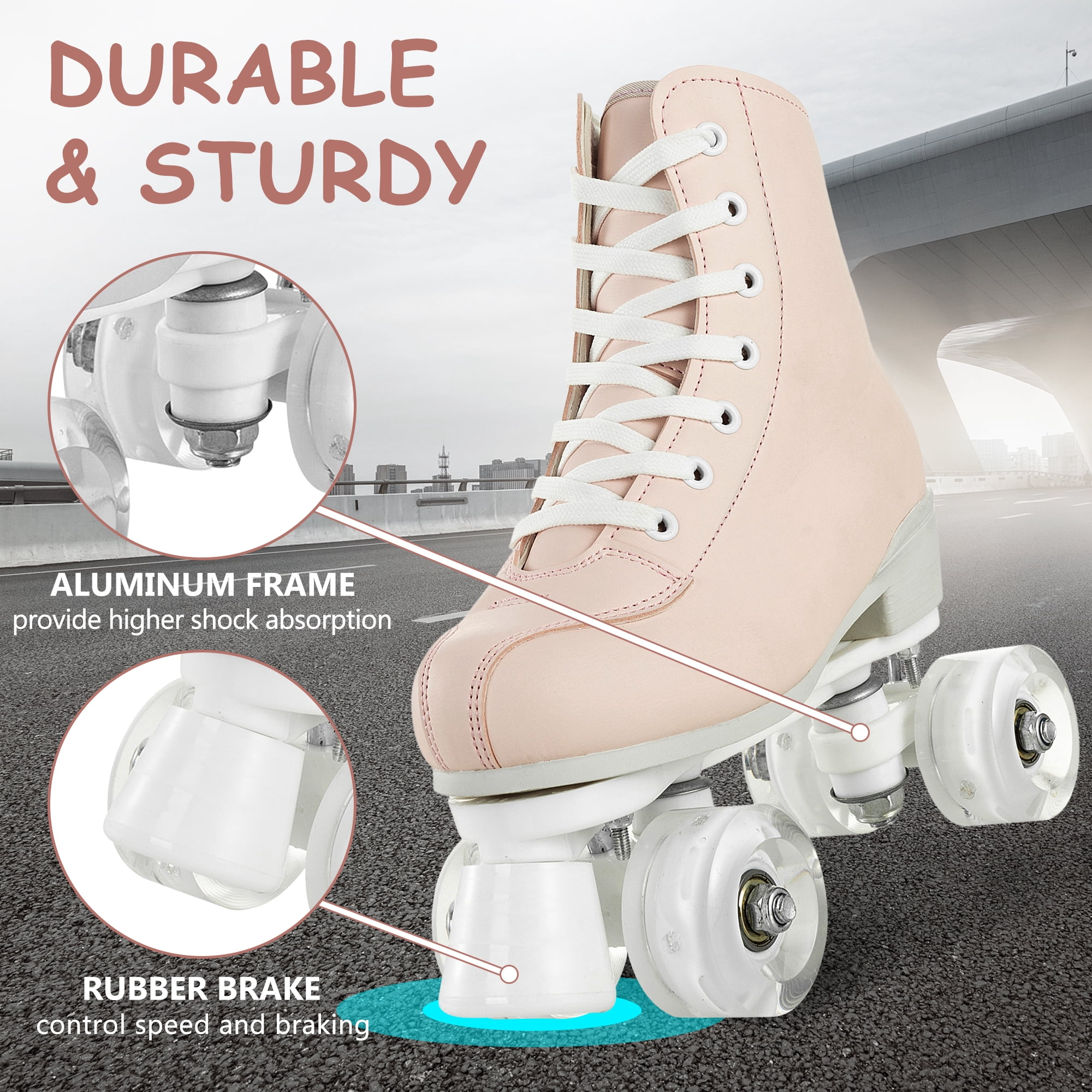 LPAMEOIU Teen Roller Skate with Light-up-Wheel, Quad Skate for Adult, Pink(Women 6.5/Men 5)