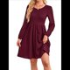 thumbnail image 1 of Vestido de Mujer con Mangas Largas Tipo Farol, Cuello Redondo, Falda Evasé, Moda de Otoño Vino Tinto M, 1 of 9