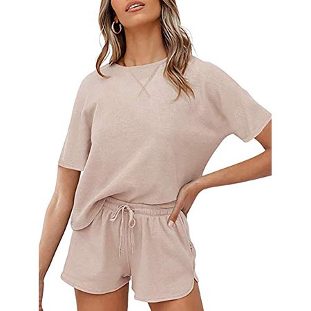 

Women s Waffle Knit Pajama Set Short Sleeve Top and Shorts Casual Solid Color With Pockets