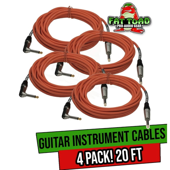 Fat Toad Guitar Cables (4 Pack) Right Angle Instrument Cord - 20 FT 1/4 Inch Straight-End Wires for Electric Guitar, Bass, Keyboards and Music Sound Recording Studio - Shielded 24 AWG Patch Conductor