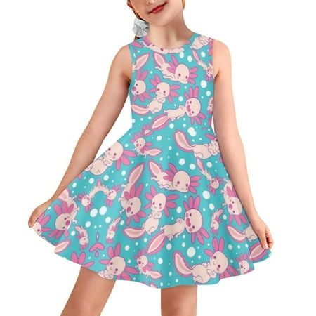 

Pzuqiu-Blue Cartoon Axolotl Print Summer Girls Dress 15-16 Years Sleeveless A-Line Tank Dress Summer Casual Outdoor Preppy Teenage Apparel