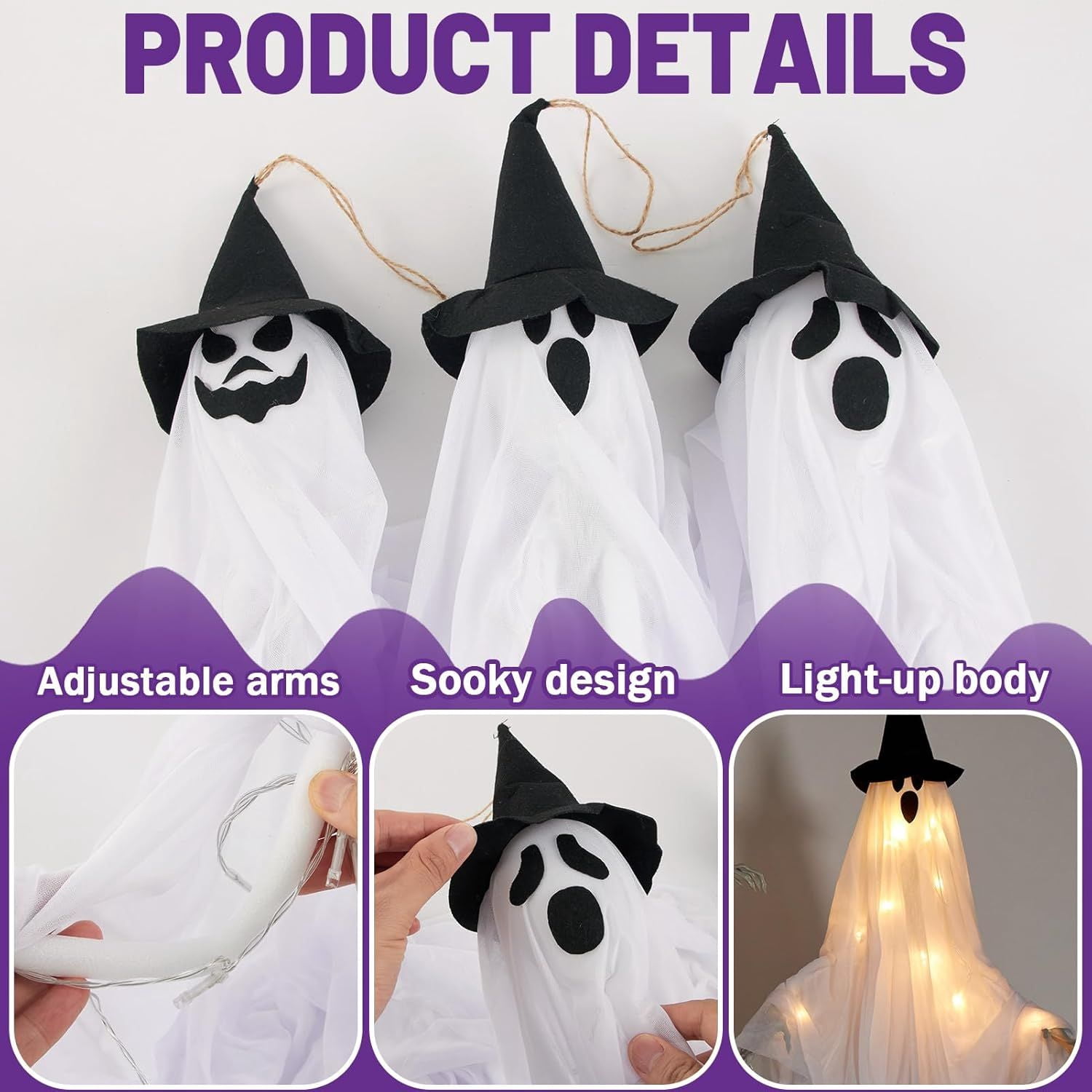 2 Pack Hanging Ghost Decorations 70cm with 8 Mode Lights for Indoor Outdoor