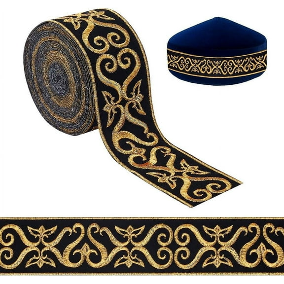 4.9 Yards Black Gold Jacquard Ribbon Trim 1.9 Inch Hot Adhesive Floral Trim Embroidery Woven Ribbon Iron on Sew on Fringe Band Fabric Trim