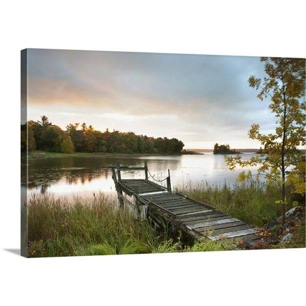 Great BIG Canvas "A Dock On A Lake At Sunrise Near Wawa; Ontario, Canada" Canvas Wall Art