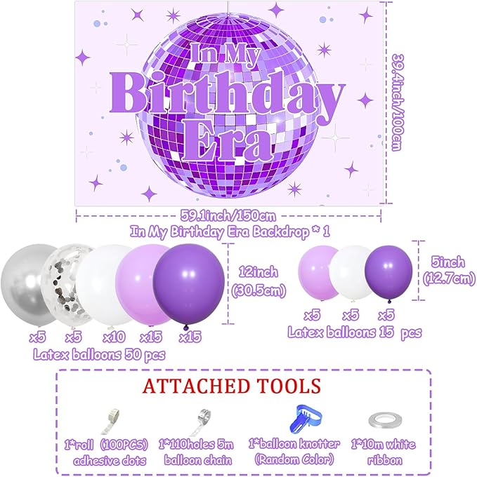 In My Birthday Era Party Decorations Purple Disco Ball Birthday Party Decor Balloon Garland Arch Kit Star Disco Ball Backdrop for Girl Women Music Themed 21st Birthday Party Decor Supplies