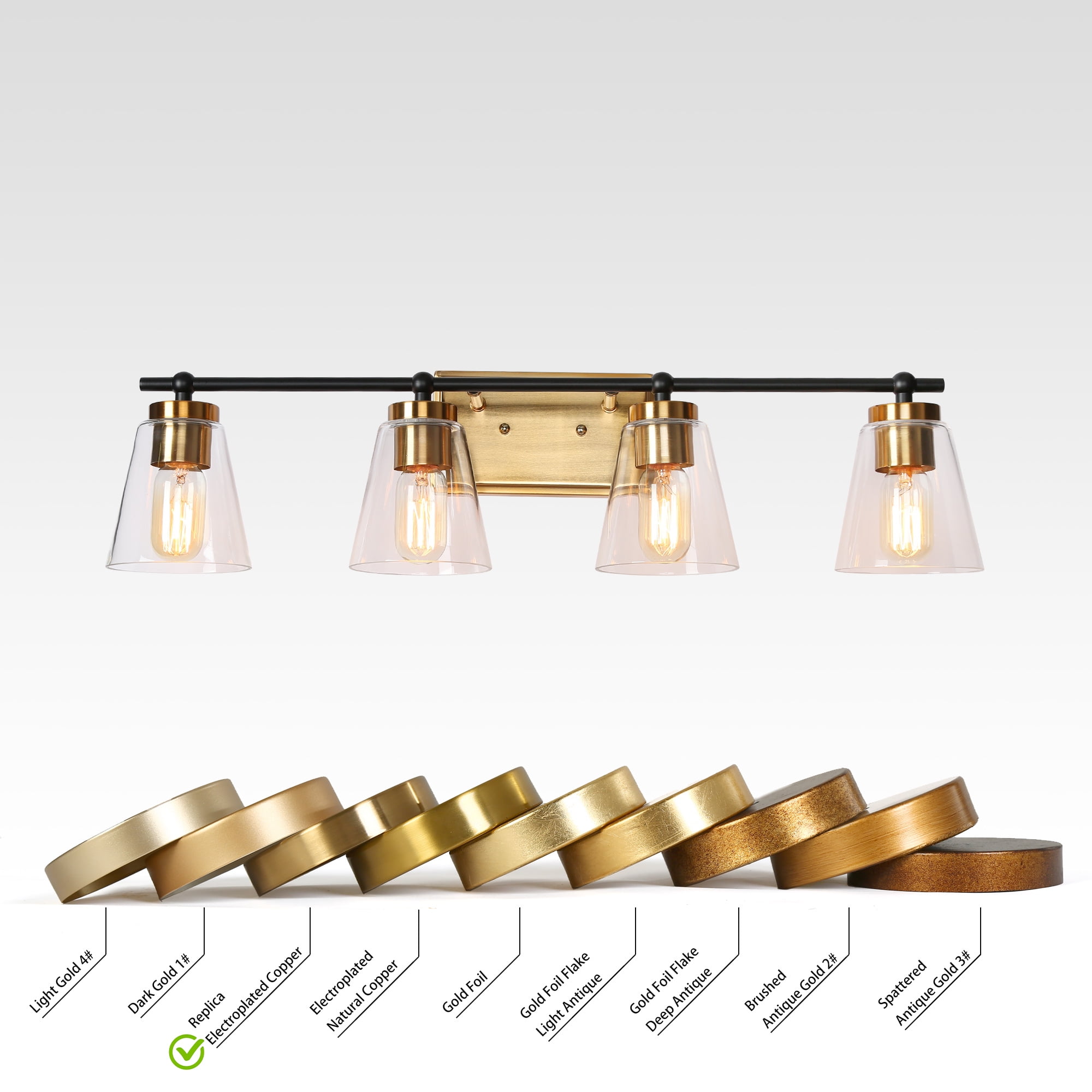 LNC Alumbrar 29-in Polished Gold and Matte Black Bathroom Vanity Light with Clear Glass Cone Shades, Modern, 4-Light
