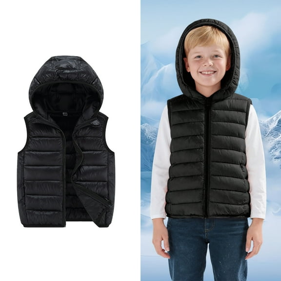 Boys Puffer Vest Hooded Black Vest Kids Zip up Sleeveless Lightweight Kids Puffer Jacket Kids Vest 8-10 Years