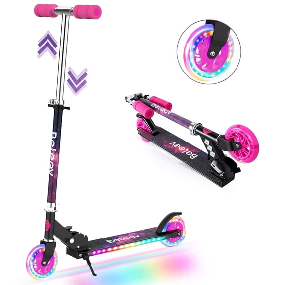 BELEEV Kids Scooter with LED Light-Up Wheels & Deck, 2 Wheel Folding Scooter for Toddlers Girls Boys Ages 3-12, Adjustable Handlebar, Lean to Steer, Kick Scooter for Children, Pink