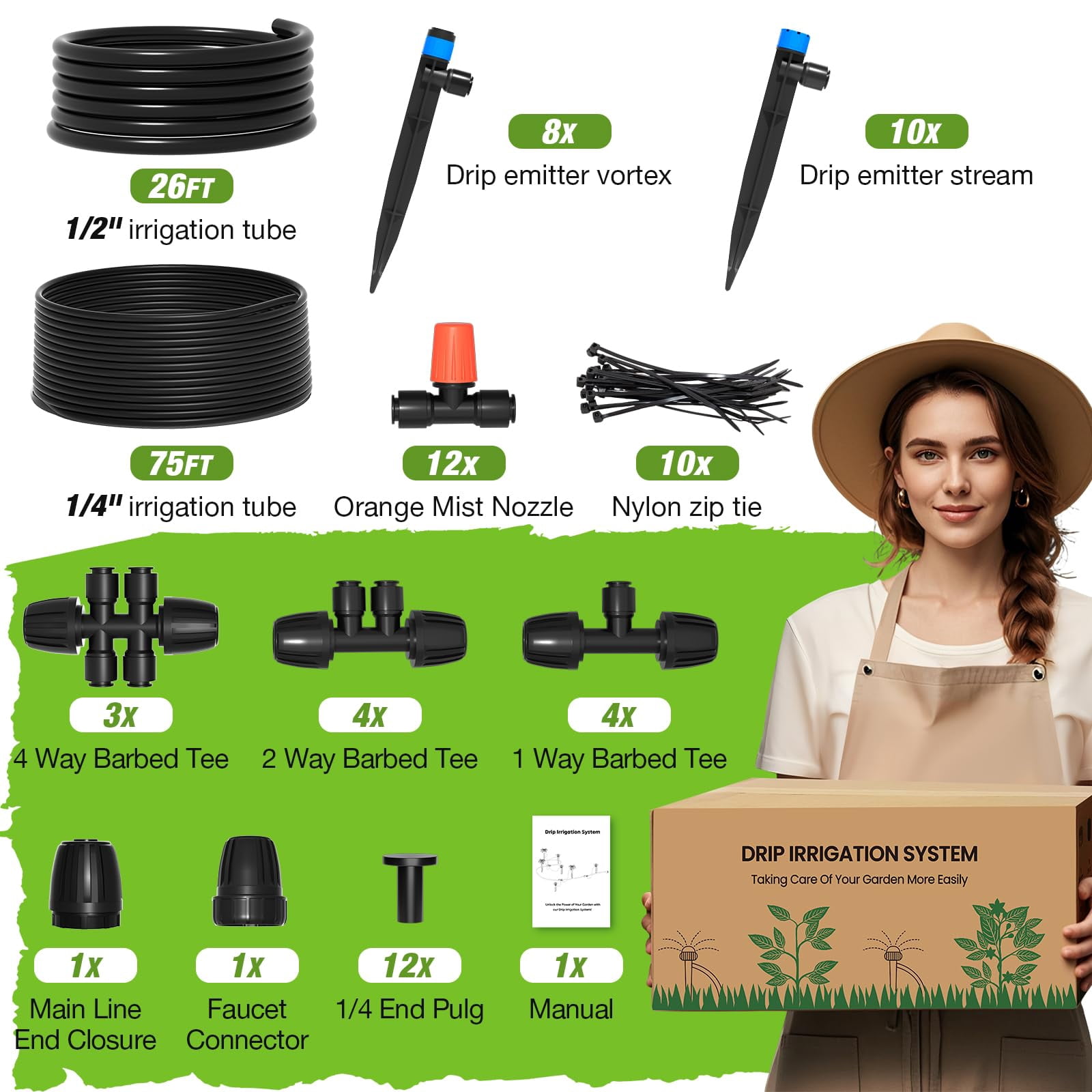 Greenhouse Drip Irrigation Kit Automatic System Patio Misting Plant Watering With 1/4 Inch 1/2 Tubing Hose Adjustable Nozzle Emitters Barbed Fittings