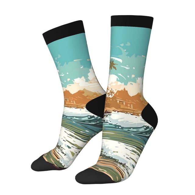 Fotbe Coastal Palm Beach Calcetas Largas con Estampado para Hombre y Mujer – Calcetas de Compresión Transpirables y Elásticas, Viajar y Uso Diario Talla 5-11