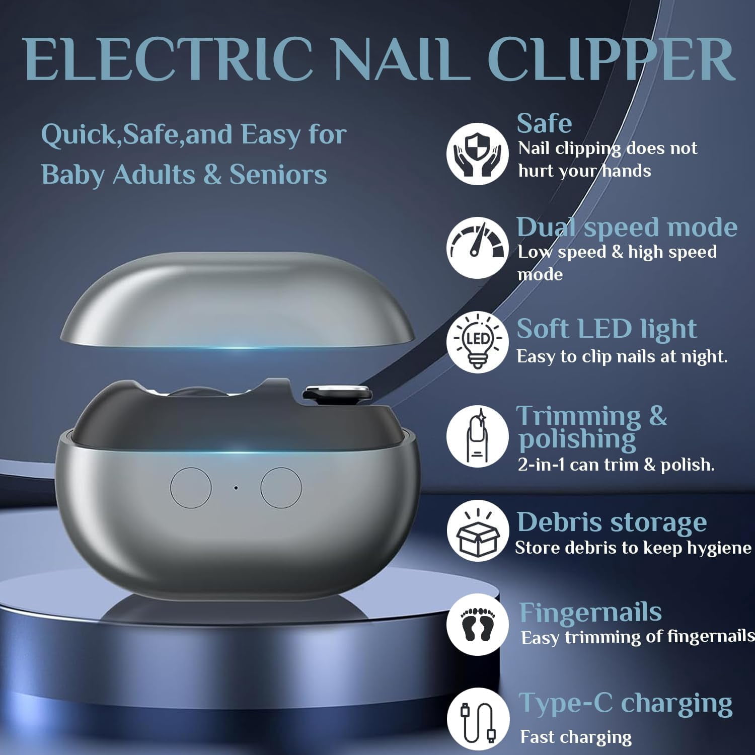 Electric Nail Clippers for Seniors, 2026 2 in 1 Electric Nail Clipper Multifunctional Electric Toenail Clippers for Adults，Kids with Polishing and 2 Speeds