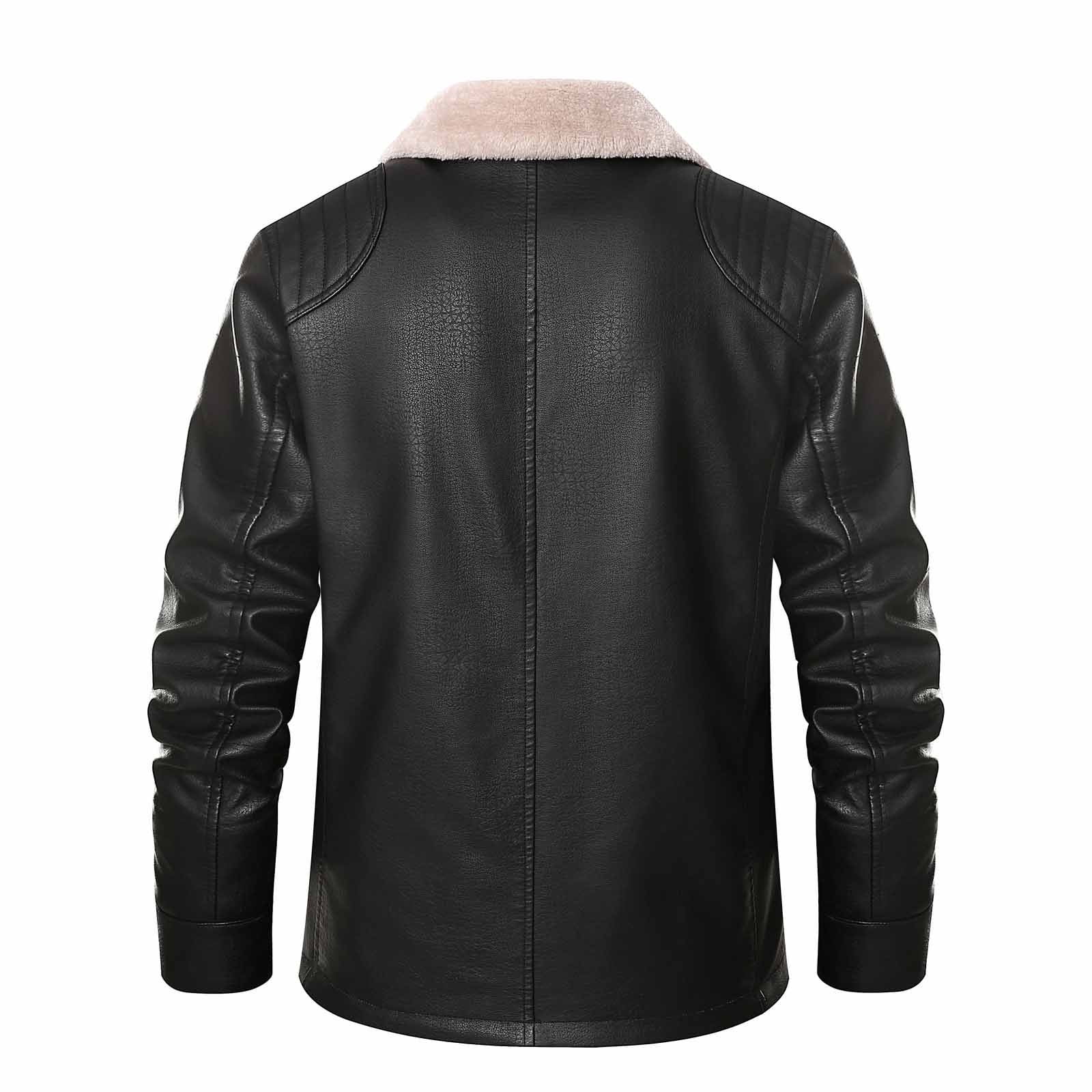 Mens Faux Pu Leather Jacket Fleece Sherpa Lined Long Trench Coats Heavyweight Fur Collar Plus Size Motorcycle Jacket