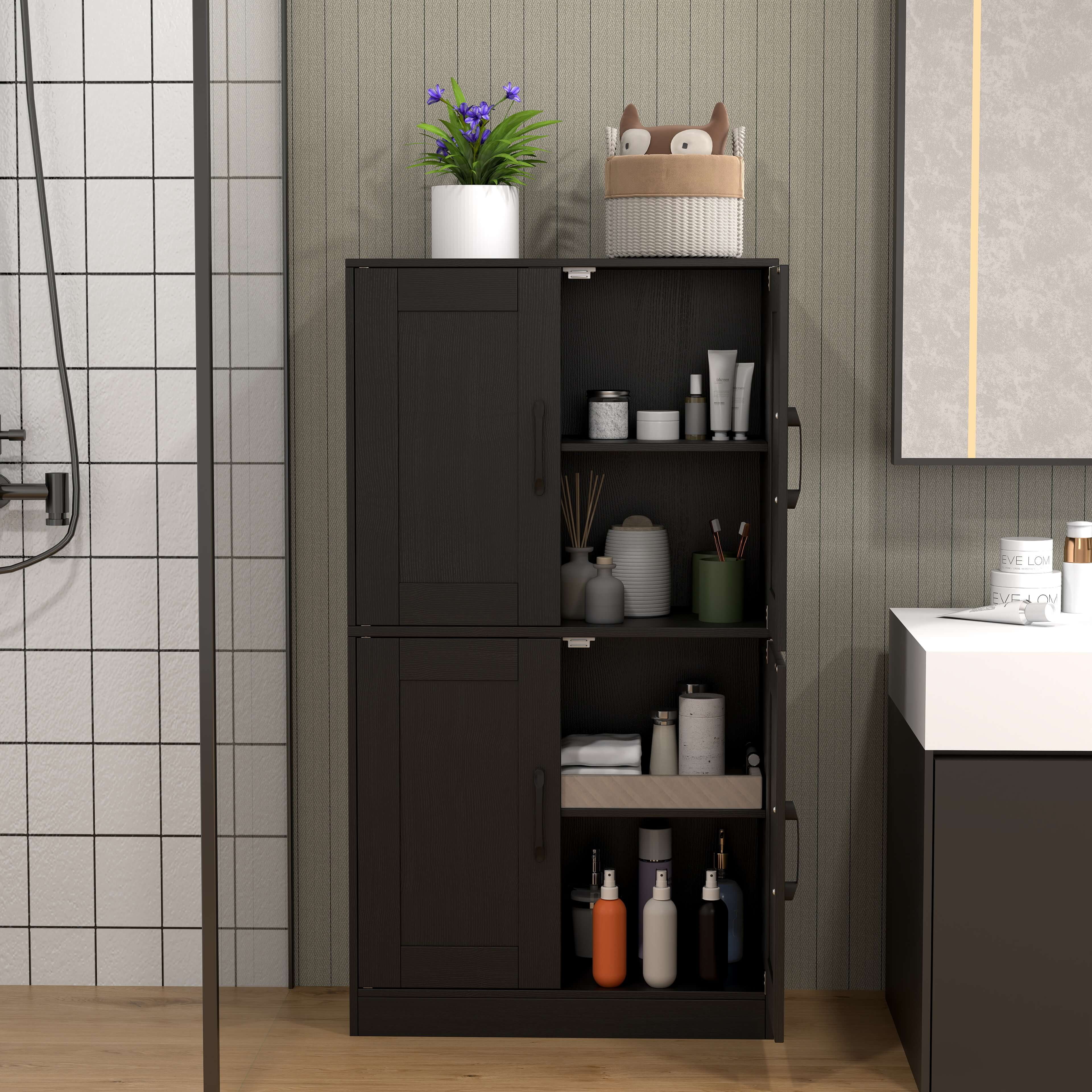 Costway Bathroom Cabinet with Doors & Adjustable Shelves Storage Organizer for Living Room Black