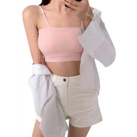 

Women s Bandeau Cotton Solid Color Anti Slid Ribbed Knit Strappy Bras Removable Cup Comfy Seamless Stretch Camisole Tube Crop Top T Shirt Bra with Chest Pad for Everyday Sleeping Vocation One Size