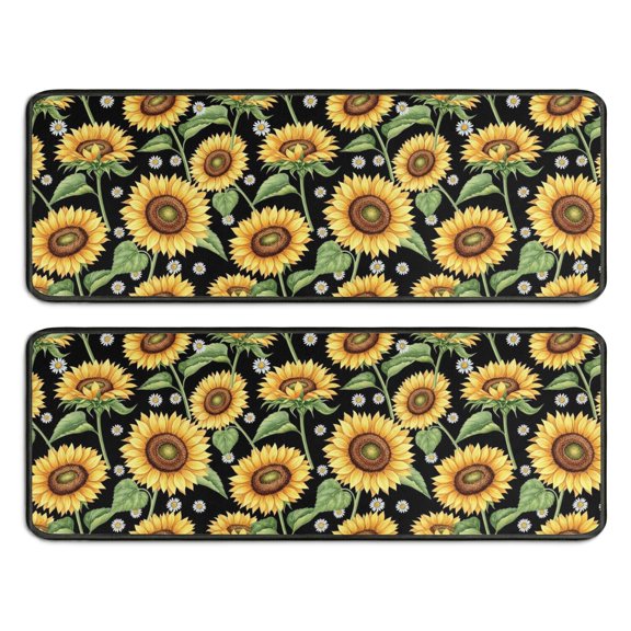 Sunflower and Daisy Black Pattern Anti Fatigue Kitchen Rugs Set Of 2, Non Slip Washable Decorative Floor Mats for Sink Laundry and Home Use, 17"x47"