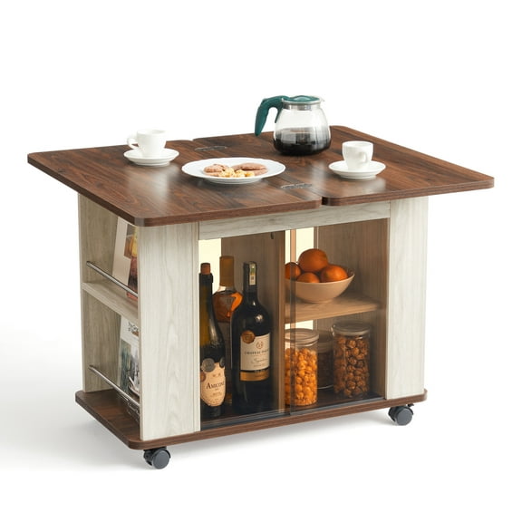 LINSY HOME Foldable End Tables for Living Room with 360° Wheels and Acrylic Sliding Door, 2-in-1 Side Table with Open and Enclosed Storage, White