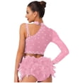 thumbnail image 4 of Kaerm Womens Shiny Rhinestone Dance Top Asymmetrical Shoulder Long Sleeve Figure Skating Costume Crop Top Pink S, 4 of 5