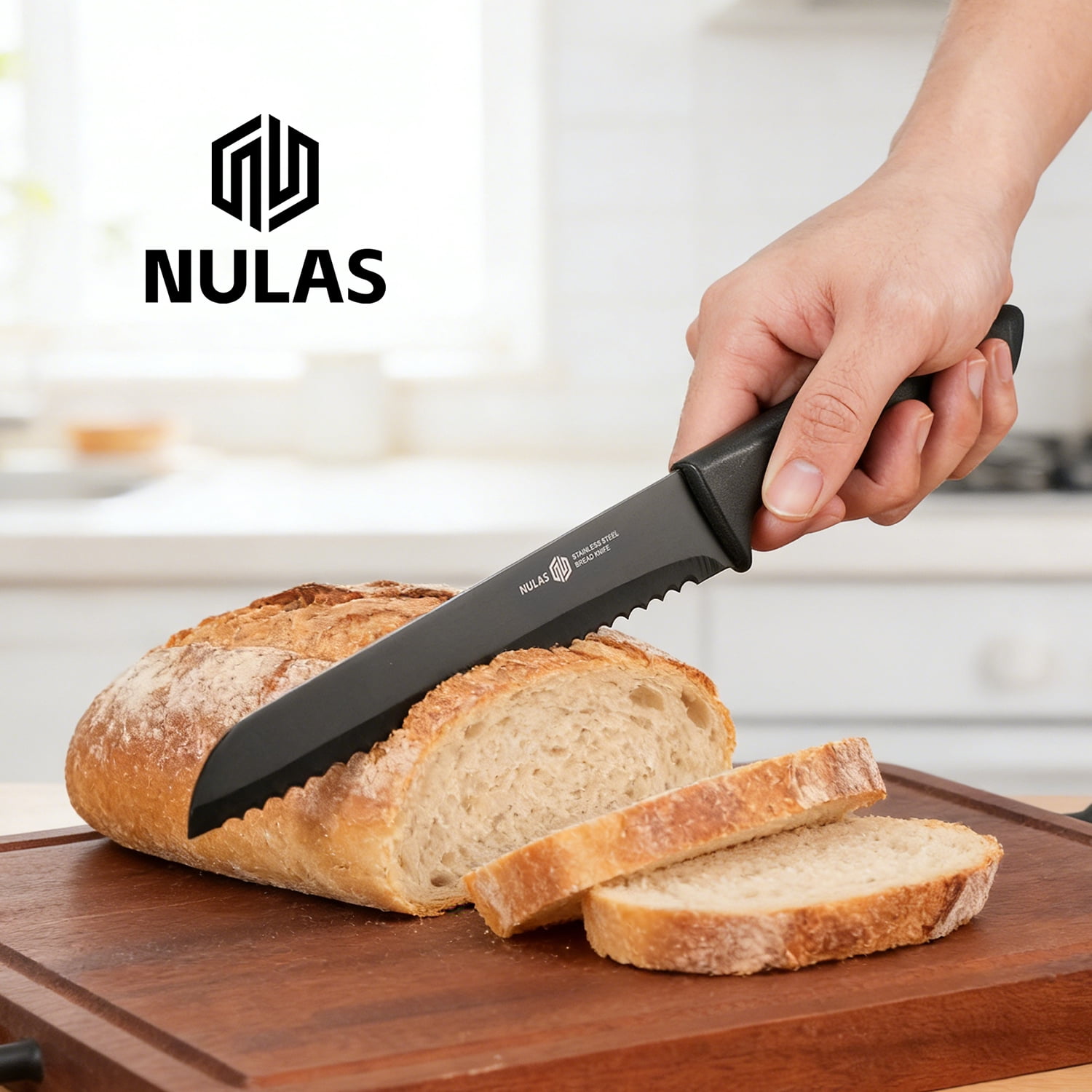 NULAS  8-Piece Kitchen Knife Set with Block for Chef, Stainless Steel Sharp Knives, Anti-Rust, Ergonomic Handle - Black