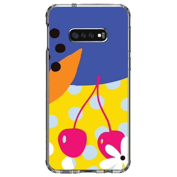 DistinctInk Clear Shockproof Hybrid Case for Samsung Galaxy S10e (5.8" Screen) - TPU Bumper, Acrylic Back, Tempered Glass Screen Protector - Summer Vibes Bold Flower Chery Pink Yellow