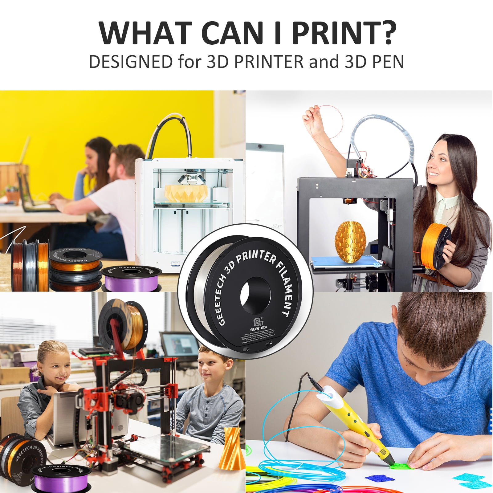 Geeetech 5pcs Silk wihte 3D Printer PLA Filament 5KG（11ibs） Toughness Enhanced Filament with 1.75mm Dimensional Accuracy +/-0.03mm, 1080 Feet per Roll, Vacuum Packaging