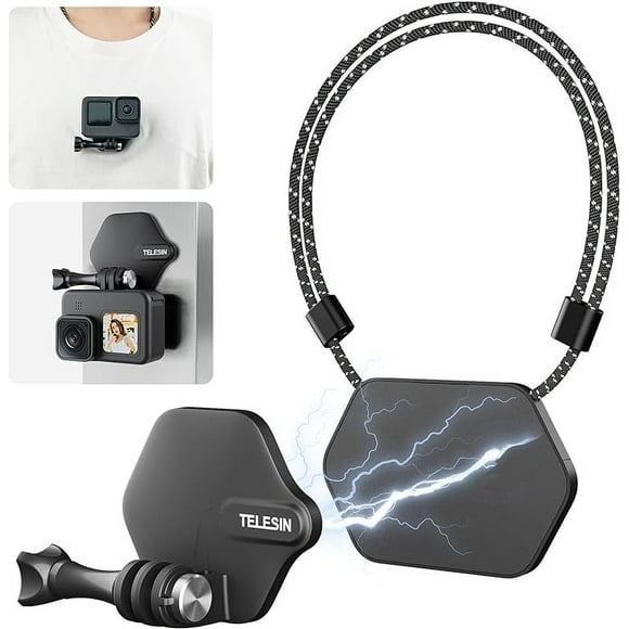 TELESIN 360 Magnetic Chest Mount + Neck Strap Necklace Lanyard, Magnet Body Mounts POV Selfie Holder Attach Accessories for GoPro Max Hero 12 11 10 9 Insta360 X3 Ace Pro DJI Action 4 Osmo Pocket 3