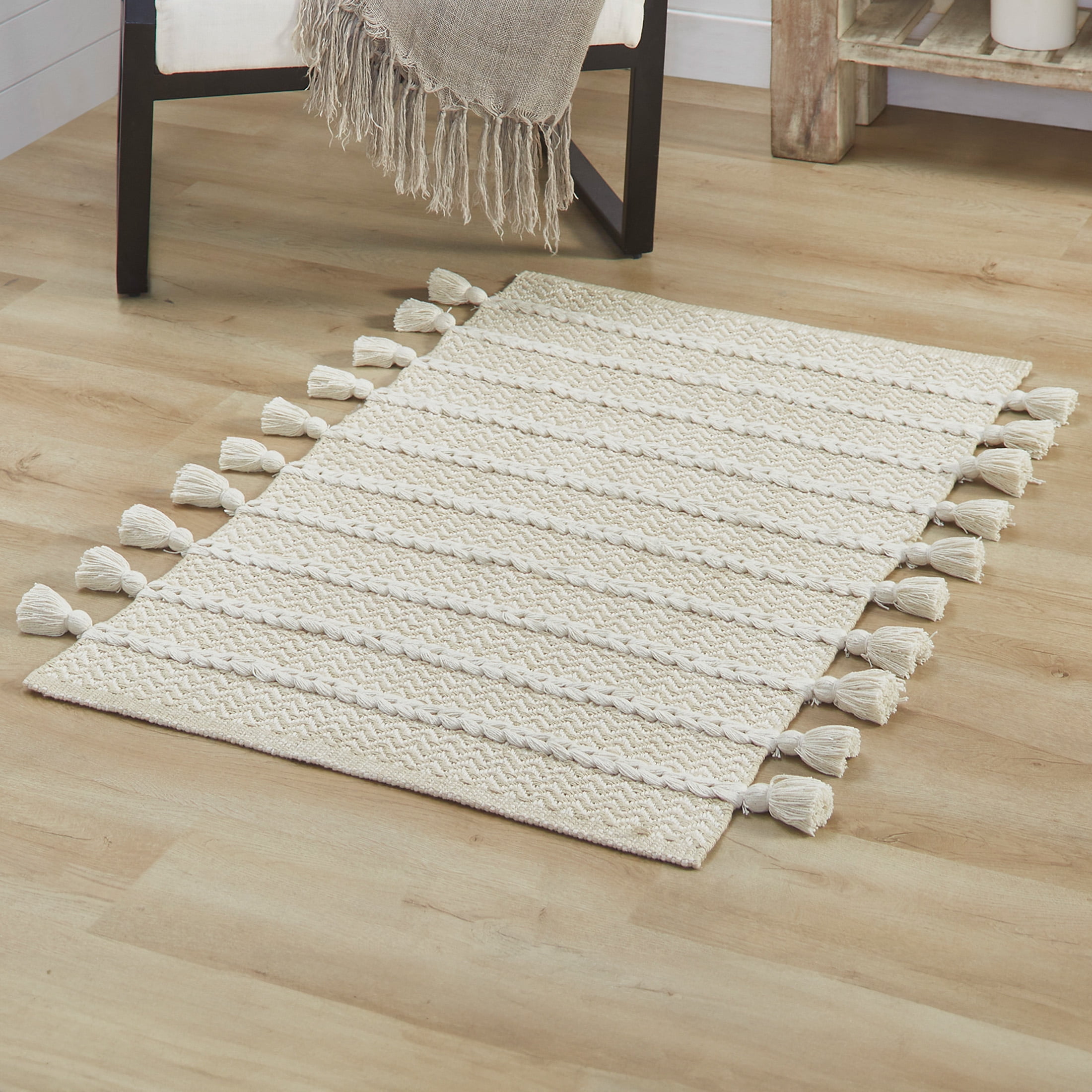 My Texas House Knotted Stripe Ivory/Beige Cotton Scatter Area Rug, 27" x 45"