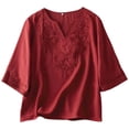 thumbnail image 2 of Vintage Elbow Sleeve Tops Women Summer Casual Cotton Linen Lightweight Loose Fit V Neck Embroidery T Shirts, 2 of 9