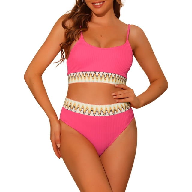 Conjuntos de bikini de dos piezas de talle alto con canalé para mujer, traje de baño con tirantes ajustables, color rosa rojo, talla X-Large