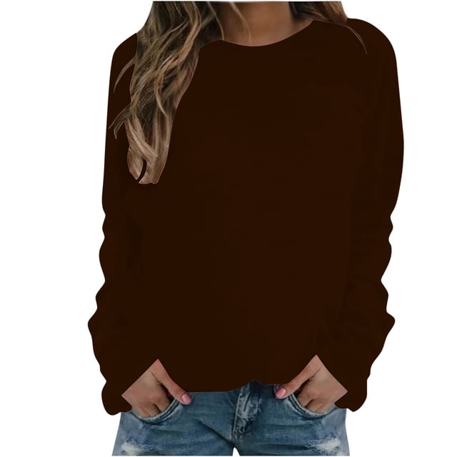 Admvng Chandails à Col Rond pour Femmes Manches Longues Col Rond Couleur Unie Coupe Décontractée Mignon Chandail à Manches Longues pour Femmes P-2TG