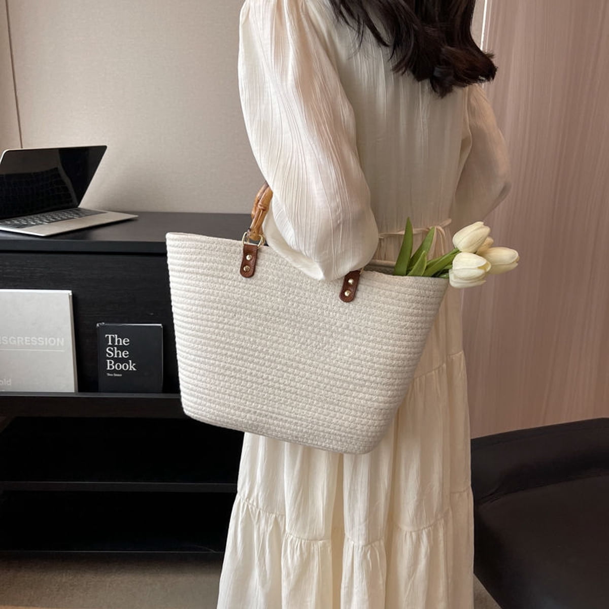 Women Straw Large Tote Bag Retro Bamboo Handle Strip Beach Handbag Summer Woven Handmade Elegant Travel Purse - Off white