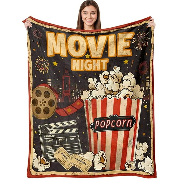Movie Night Gifts Throw Blanket, Soft Cozy and Warm Couch Blankets for Home Film Cinema Theater Popcorn Decor, Vintage Poster Theme Gift for Adult Women Men Movie Lover. Blue 50×60 inches
