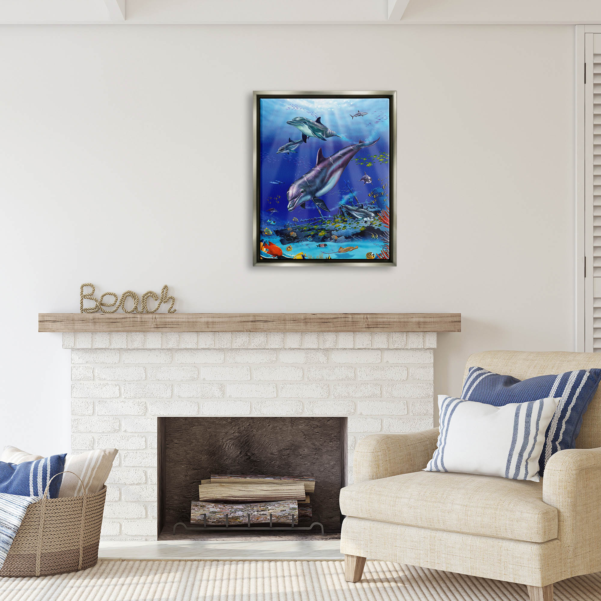 Stupell Industries Aquatic Dolphins & Fish Coastal Painting Gray Floater Framed Art Print Wall Art