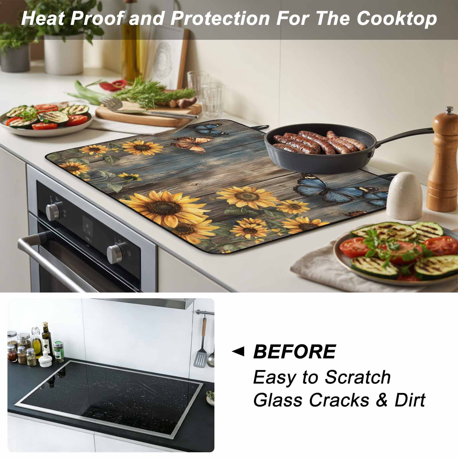 Spring Yellow Sunflower Stove Top Cover for Electric Stove, Heat-proof & Non Slip Glass Top Stove Cover Protector, Butterfly Wood Retro Farmhouse Kitchen Flat Cooktop Rubber Mat 24x21 Inches