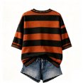 thumbnail image 3 of Dweltoz Women's Salem Broom Company Striped Crewneck T-Shirt Vintage Halloween Witch Graphic Oversized Short Sleeve Fall Casual Top,Coffee L, 3 of 3