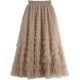 thumbnail image 3 of Falda midi de tul de malla en capas con cintura elástica alta y línea A de hadas para mujer, 3 of 5