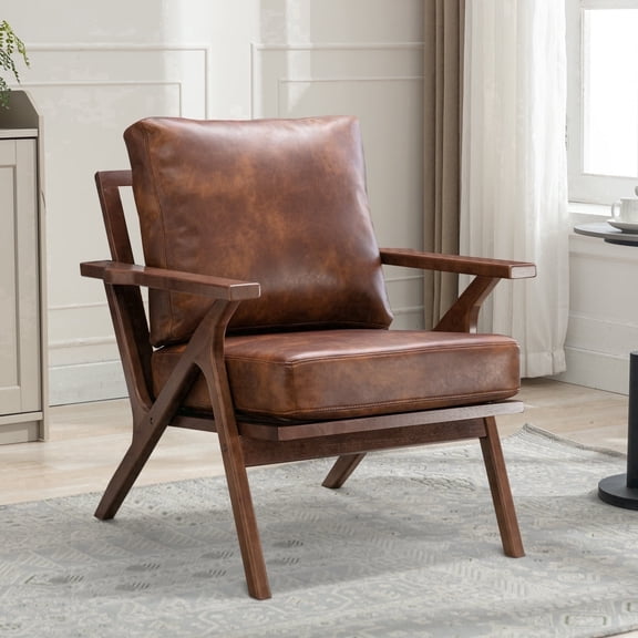 Bonzy Home Mid-Century Modern Accent Chair, PU Leather Armchairs with Solid Wood Frame & Removable Cushions, Reading Chairs for Living Room Bedroom, Brown