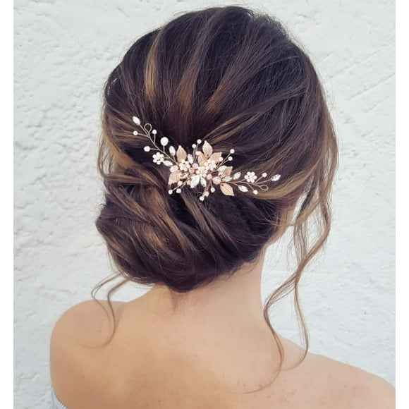 Jeairts Peineta para el pelo de novia con hojas de diamantes de imitación y perlas para novia, accesorios para el pelo de cristal para mujeres y niñas (3-oro rosa)