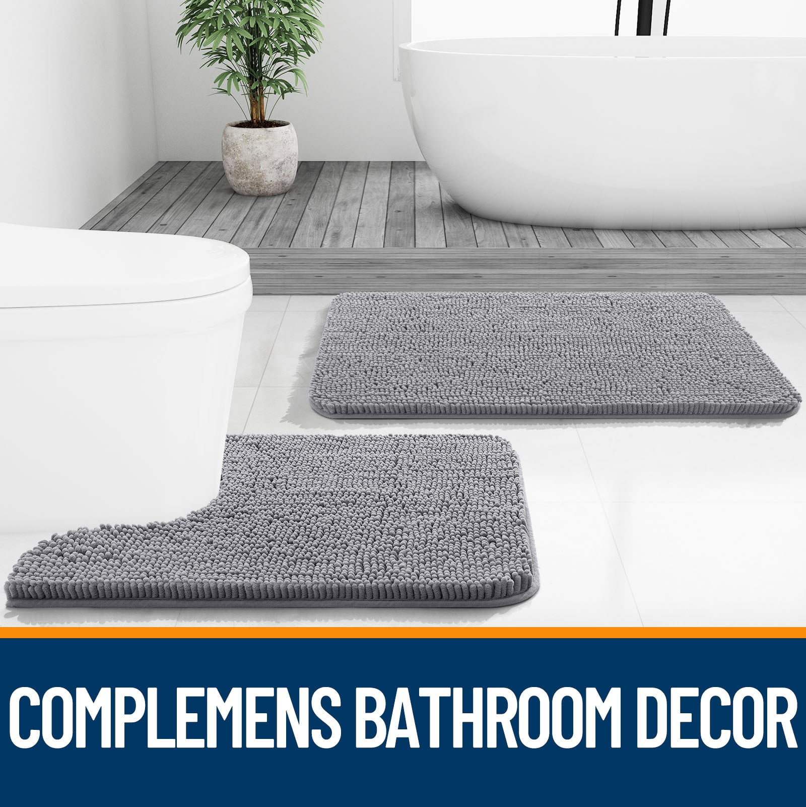 Buganda Bathroom Rugs 30x20, Quick Dry Machine Washable Chenille Bath Mats with Rubber Backing, Grey
