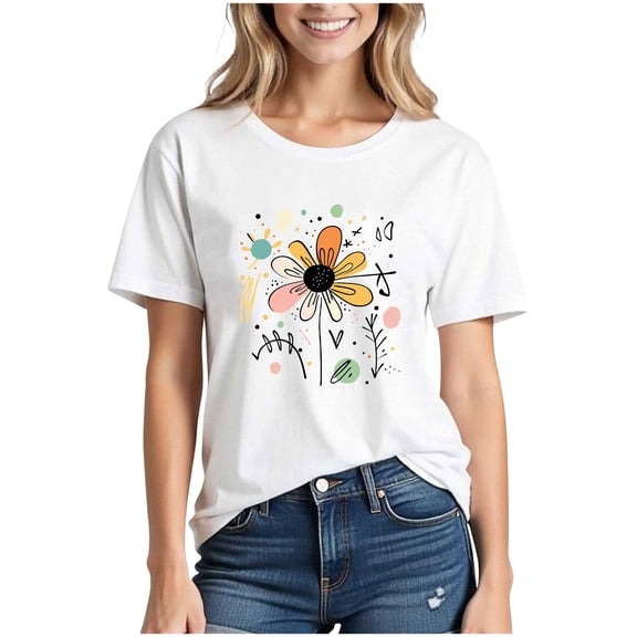 Sevevn Fashion Women's Printed Casual Short Sleeved T-shirt Comfortable Top Spring Tops for Women White S