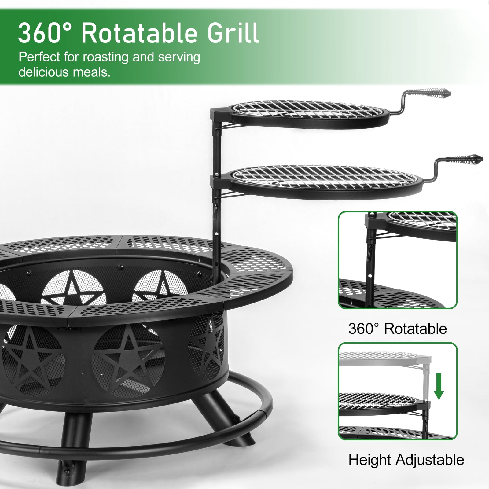 MistMo 36 inch Round Fire Pit with Grills, Wood Burning Fire Pits with Metal Lid for Outside Bonfire Outdoor Patio and Party