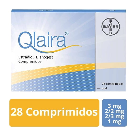 Qlaira Estradiol 3mg, Dienogest 2mg, caja con 28 comprimidos.