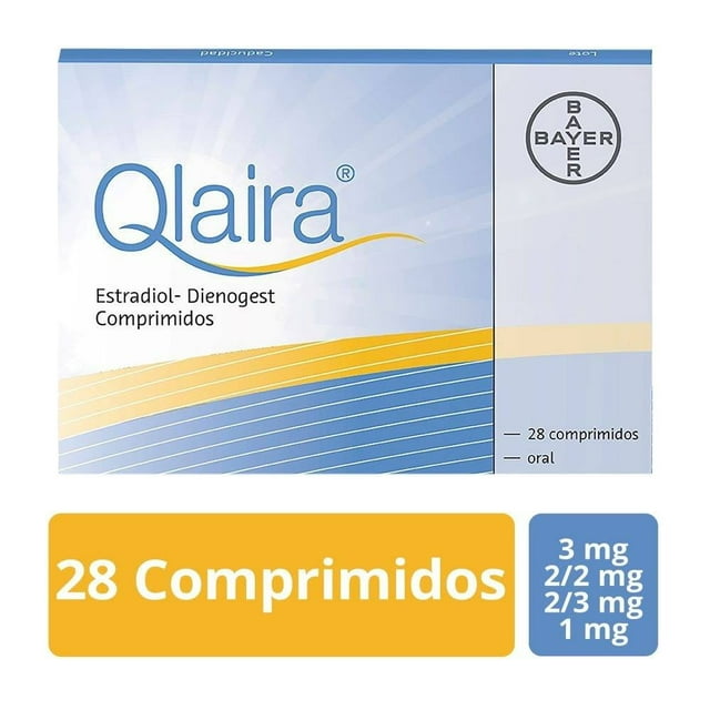 Qlaira Estradiol 3mg, Dienogest 2mg, caja con 28 comprimidos.