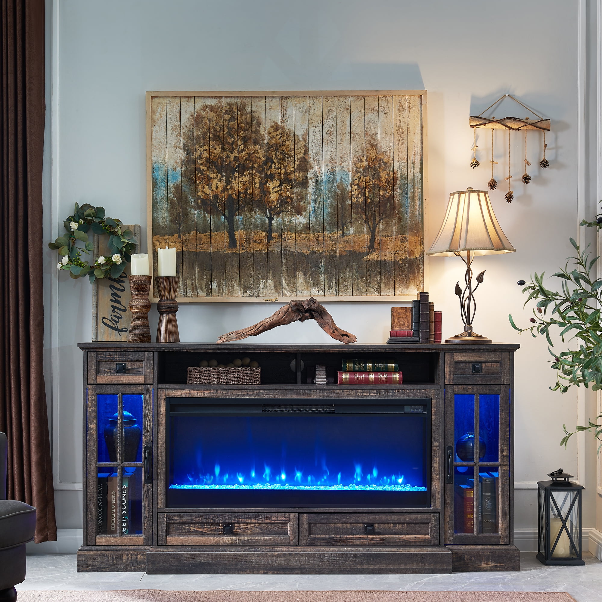 OKD Fireplace TV Stand for TVs up to 80",Farmhouse Entertainment Center with 42" Fireplace & LED Lights, Dark Rustic Oak