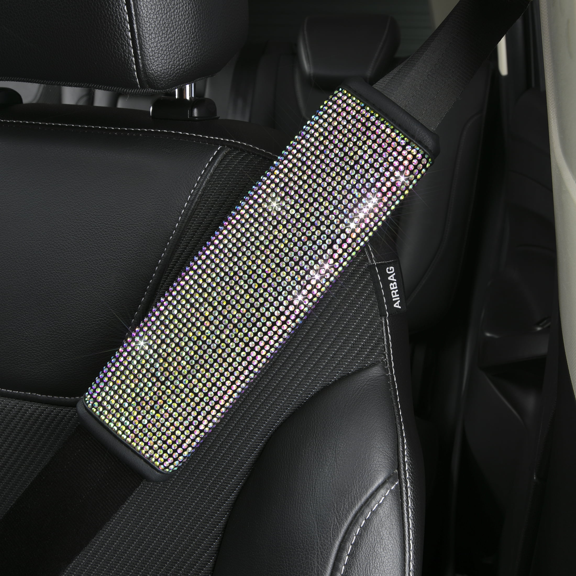 (2 pack) Auto Drive Universal Fit Iridescent Crystal Seatbelt Cover, Fit For Car Truck SUV Airplane, Set of 1