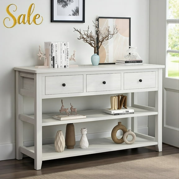 Tcbosik 47.2" Rustic Console Table in Antique White, Modern Entryway Table with Storage Drawers and Open Shelves, Accent Sofa Table for Living Room or Bedroom